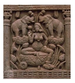 Figure 6: Symbols of the Lotus Motif as Life. There are some natural rules like Life is conceived when sprit fuses with matter. Birth is observed after a bee visits a blossom; the flower cannot turn into fruit until the pollen is transmitted. Seers, mystics and alchemist saw within the pollen, the seed, and the semen the spark of life that activates the generative power, the soil, and the womb. They felt rasa racing through feminine forms and soul radiant in masculine things. They concluded; Man is the keeper of the sprite, and women, mistress of matter. The whole physical and spiritual process had manifested through the metaphor of the life cycle of Lotus. The water is symbolic of nourishing the cradle of life and universal motherhood. Laksmi (Goddess of wealth) [7] being a metaphorical expression of the lotus stands at the apex of all vegetation, which is fruition and abundance. Normally, as in Sanchi, Bharhut and Mathura she appears on a brimming vase of water, the purna-ghata, which is exuding as it were the waters of life, reminding one of the Vedic descriptions of her: She is river goddess personified; she is essentially Aditi, Prakriti, Maya, Apsarās, Urvasi and the maternal personification of the possibilities of existence. Lotus represents the fruit bearing and sustaining quality. The tree principle is the element of continuity between the Vedic and post-Vedic conceptualization of generation.