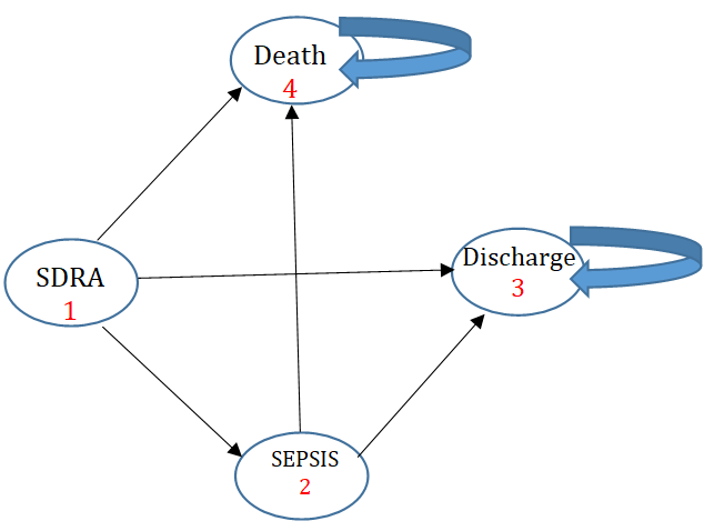 Figure 3: Transition diagram proposed for the analytical Markov model. Source: The author, 2023 Variables related to the probability of dying from sepsis or ARDS were imputed in the Markov model, in addition to costs related to the technologies, both in the ECMO+protective MV scenario and in the exclusive protective MV scenario, as shown in Table 3 below.
