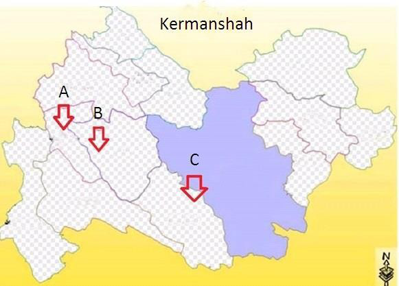 Figure 1: The studied areas in this research (Kermanshah province, west of Iran). A: Sarpol- Zahab, B: Cheshmeh-Sefid and Cheshme-Khers village, C: Kermanshah to Islam-Abad Gharb. Cold regions: B and C. Warm region: A.