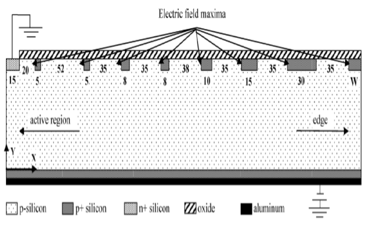 Figure 5: Cross-section of a AC coupled n+ p- SFz Si microstrip detector equipped with guard ring structure [6].