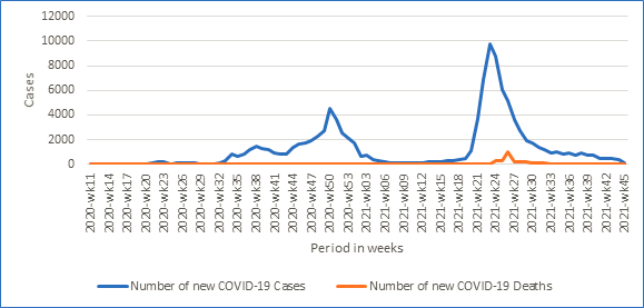 Figure 1: Trend of COVID-19 cases in Uganda, the 1st and 2nd wave between October 2020 and November 2021.