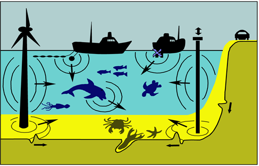 Figure 1: Sounds may be generated in water (from vessel engines and propellers, seismic air guns, operational wind turbines, or construction work). However, they may also be generated on the bottom, and in the substrate. The Anthropogenic sources include ships (and even their trawls if they have them); Sonar and seismic survey systems towed by the ships; Pile driving construction work based upon the seabed (on the right, generating substrate vibration as well as sound in the water); Offshore wind turbines (on the left, also generating substrate vibration and sound in the water); While most sounds arise from in-water operations, it is well known that sounds on land, such as from auto traffic, may get into the water through the substrate. Thus, the underwater acoustic environment, especially near the shore, can be very complex. Some of the animals within the water can also make sounds.