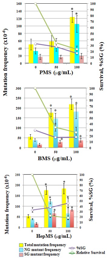 Figure 2: BMS, PeMS, HexMS, and HepMS increased total mutation frequency and NG mutation frequency (NMF). MMS at >1 μg/ml at which relative survival was about <30% increased NMF but not SG mutant frequency (SMF). EMS increased NMF but not SMF at 200 μg/ml at which relative survival was about 30%. It also increased NMF but not SMF at 50 and 100 mg/ml at which relative survival was >50%. PMS increased NMF but not SMF at 100 μg/ml at which relative survival was <30%. BMS at 100 μg/ml at which relative survival was about 30% increased both NMF and SMF. PeMS at ≥50 μg/ml at which relative survival was about <30% increased both NMF and SMF. HexMS at ≥50 μg/ml at which relative survival was about <40% increased both NMF and SMF and % SG (% of SMF to total mutation frequency) increased dose dependently and reached to >50% at 100 μg/ml. HepMS at ≥50 μg/ml at which relative survival was about <30% increased both NMF and SMF and % SG increased dose dependently and reached to about 50% at 100 μg/ml.