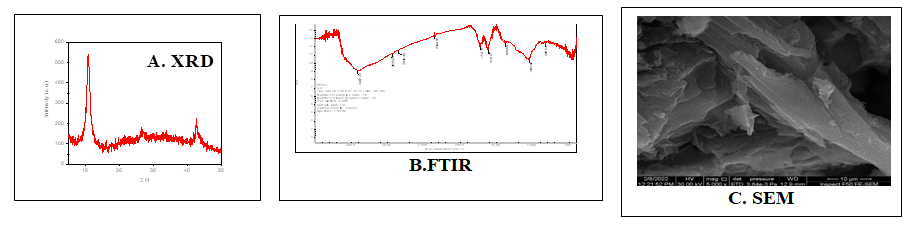 Figure 1: A. XRD, B. FTIR, C. SEM FOR NGO.