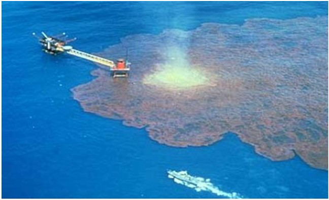 Figure 1: In 1978, this tanker ran aground off the French coast, causing 68.7 million gallons of oil. Large spills such as these are unusual. Additionally, an oil transfer accident caused the oil tanker Mega-Borg Figure 2 to spill 5.1 million gallons of oil [1,7].