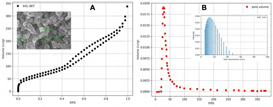 Figure 1: Plot A: BET curve and an inset SEM image of the nanoparticles. Plot B: pore size plot and an inset DLS size distribution plot.
